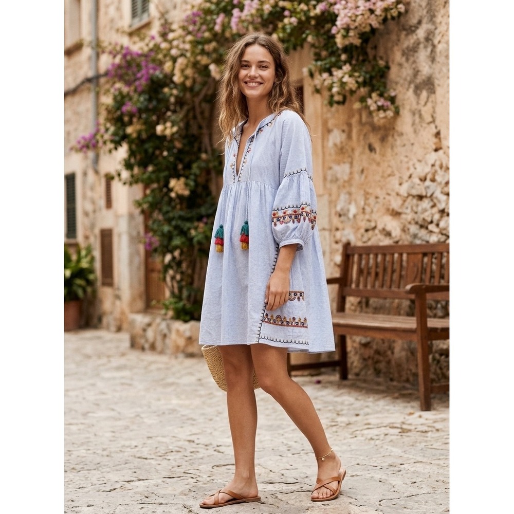 Pull&Bear Blue White Striped Embroidered Tassel Boho Babydoll Mini Dress Large
